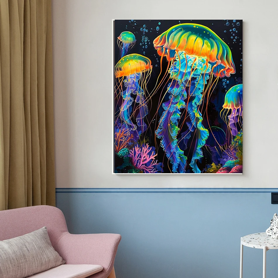 Malen nach Zahlen mit Leinwandrahmen zum Zeichnen, bunte Quallen, Acryl-Wandkunst, modern, für Handarbeit, DIY-Set, Geschenk