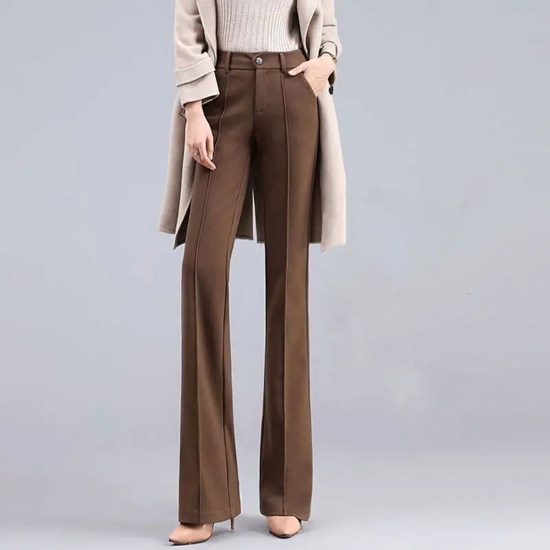 Autumn Winter High Waist Hanging Feeling Narrow Straight Tube Wide Leg Woolen Women Plus Velvet Slightly Flared Suit Pants