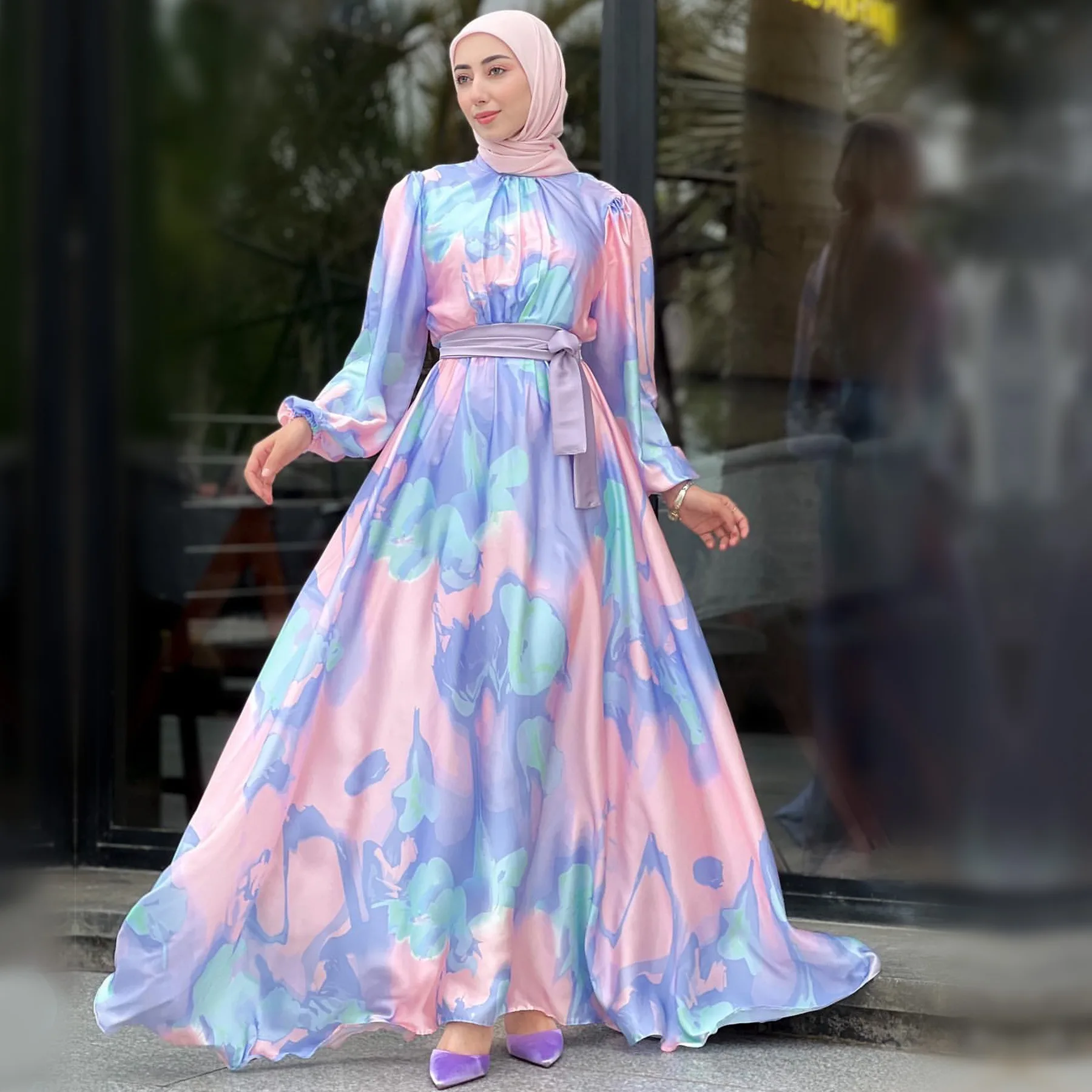 

Ramadan Eid Printed Abaya Dubai Turkey Satin Muslim Dress Islam Saudi Arabia African Dresses for Women Morocco Kaftan Hijab Robe