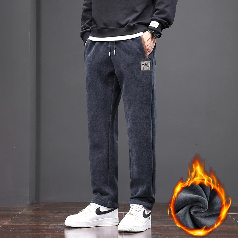 

Men's Casual Straight Leg Pants Autumn Winter Fleece Lined BaoAo Velvet Loose Fit Long Trousers Youth Trend Polyester Spandex