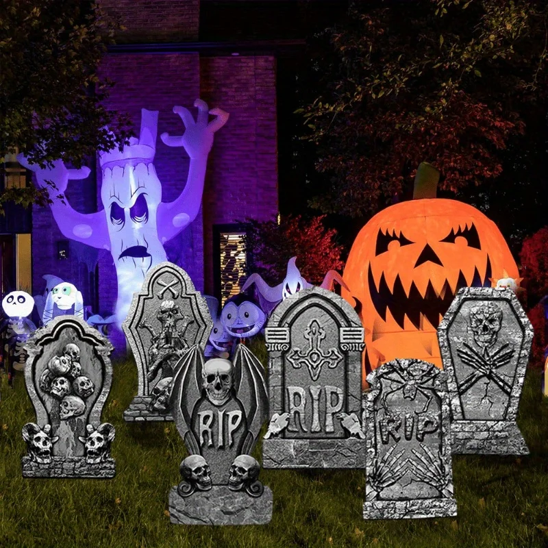 Halloween Decorations Outdoor Tombstones, 6pcs Halloween Foam Graveyard Headstone Decorations with 12 Bonus Stakes for Halloween