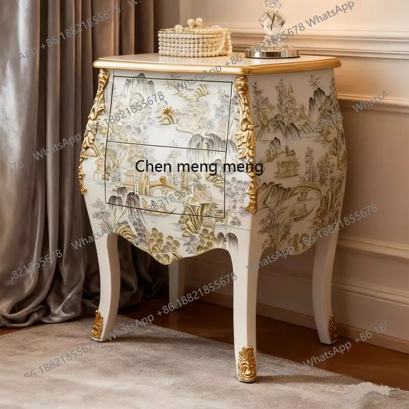 

New Chinese painted landscape bedside table European classical engraved gold foil drawer decorative solid wood locker