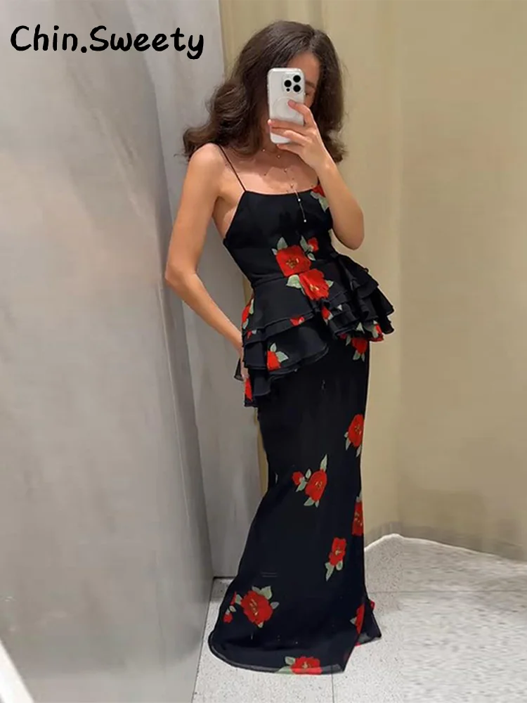 

Sexy Printed Ruffles Vest Long Skirt Set Women Sling Sleeveless Backless Slim Top Straight Skirts 2025 Autumn Lady Vacation Suit