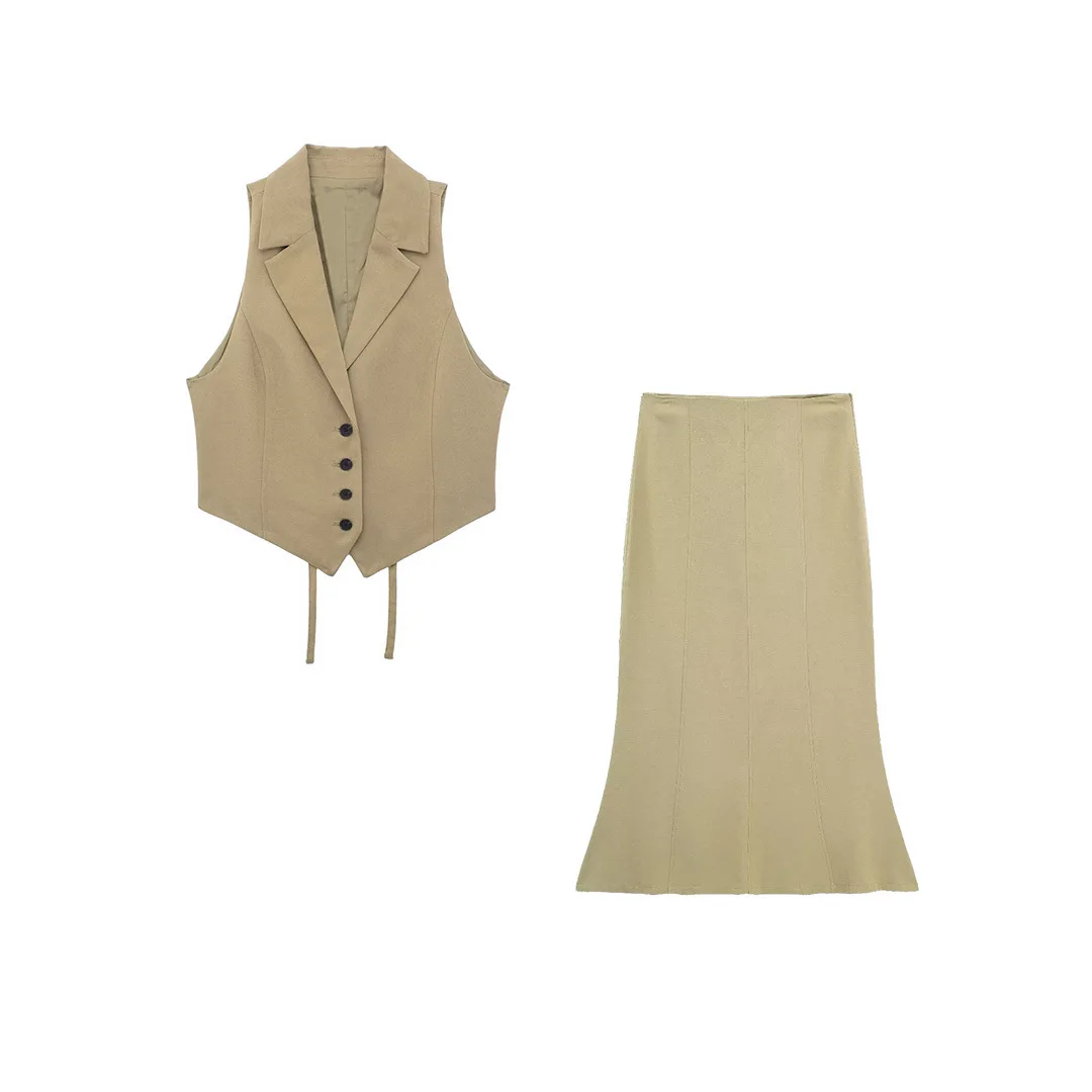 Retro Khaki Office Ladies Suit V Neck Single Button Sleeveless Vest High Waist Slim Skirt Fashion 2024 Summer