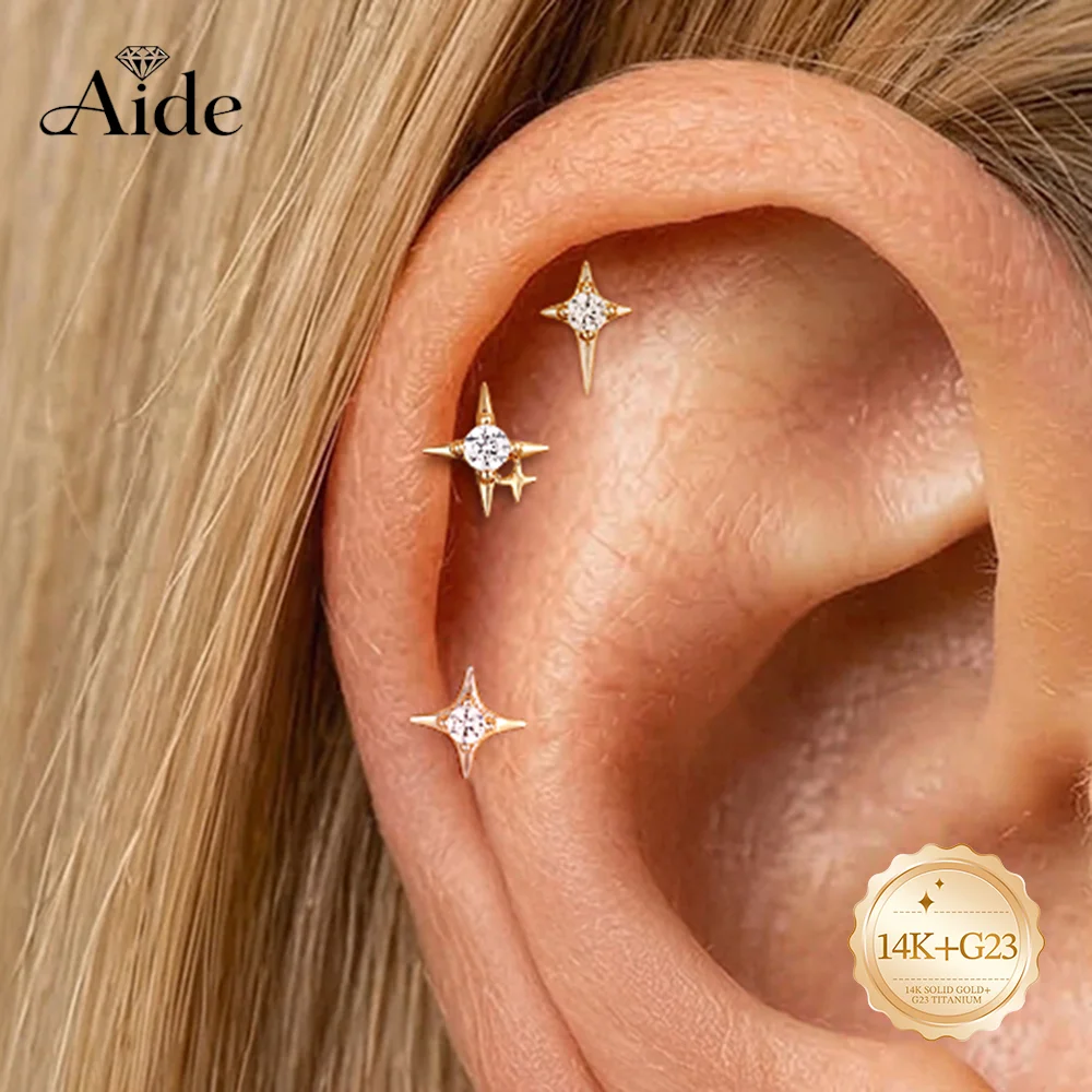 AIDE 14K Solid Gold Tiny Tetragram Star Stone CZ Women's G23 Titanium Flat Back Piercing Ear Bone Nail Dainty Anniversary Gifts