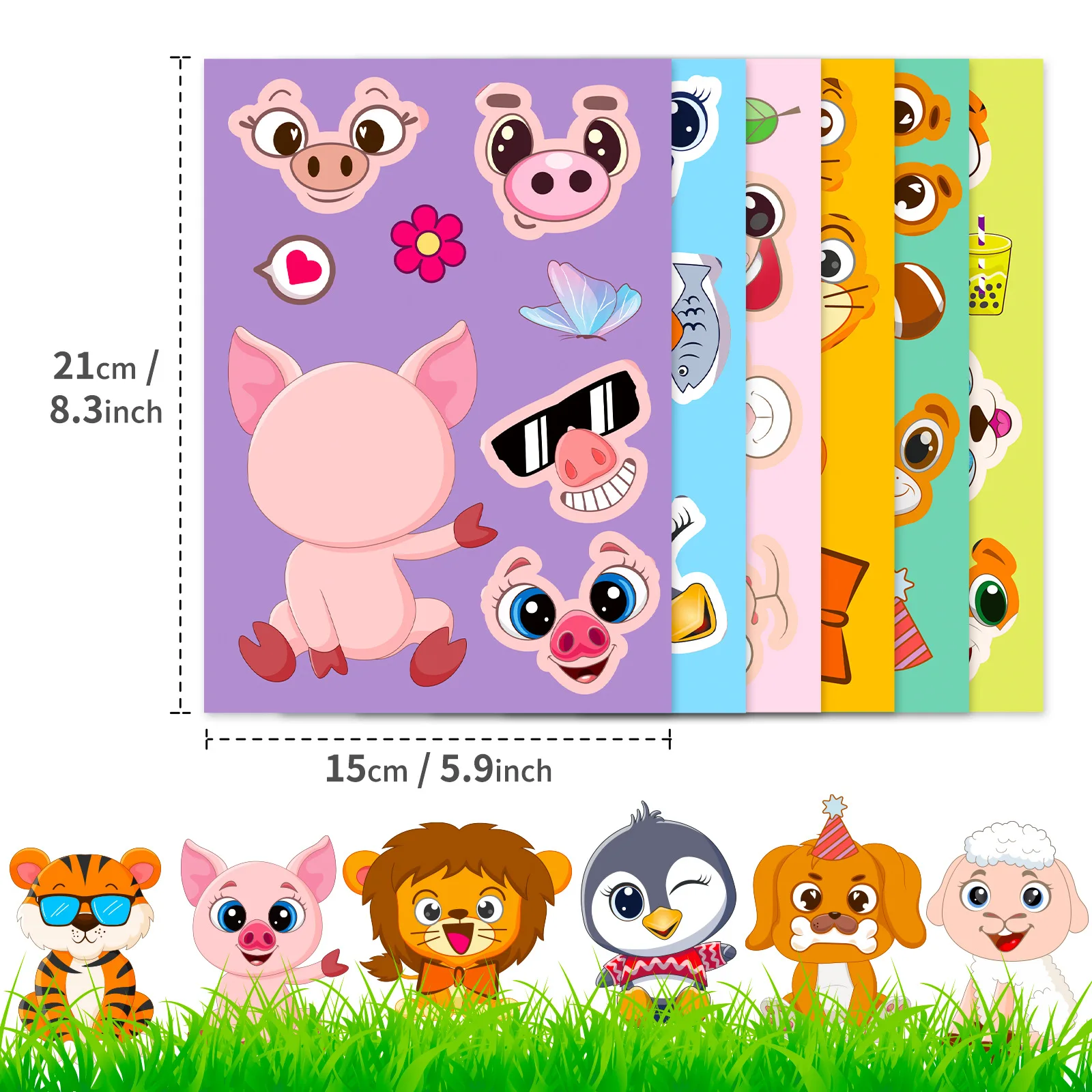 6Sheets Children DIY Puzzle Sticker Games 6 Animals Make A Face Funny Assemble Jigsaw Stickers Kids Educational Toys