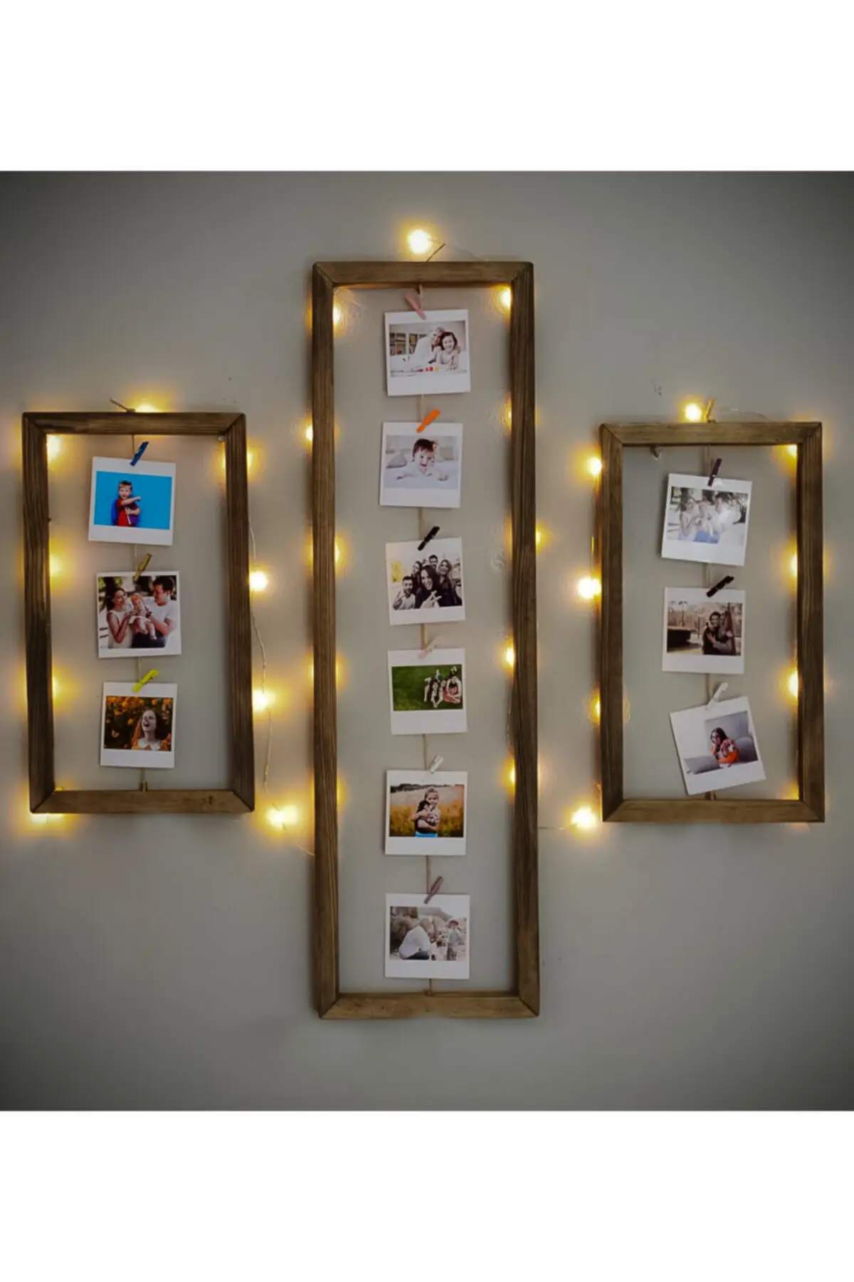 Set of 3 Led Illuminated Wooden Photo Frame with Cord Latch Decorative Wall Shelf for Photograph