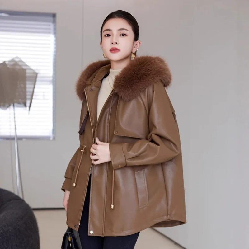 2026 Fashion Fleece-padded Jacket Women's Winter Leather Parkas Thicken Windproof Warm Fur Collar Hooded Overcoat Loose PU Coats