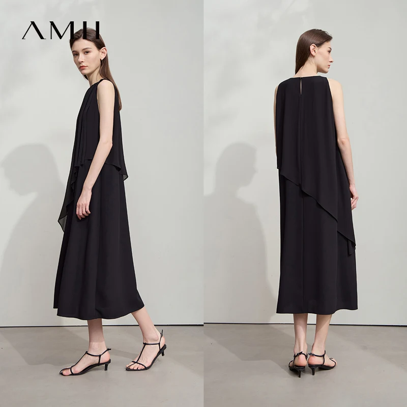 AMII Abito da sera di lusso minimalista Donna 2025 Vacanza estiva O Collo senza maniche Pezzo galleggiante irregolare Abiti Cami 12542203