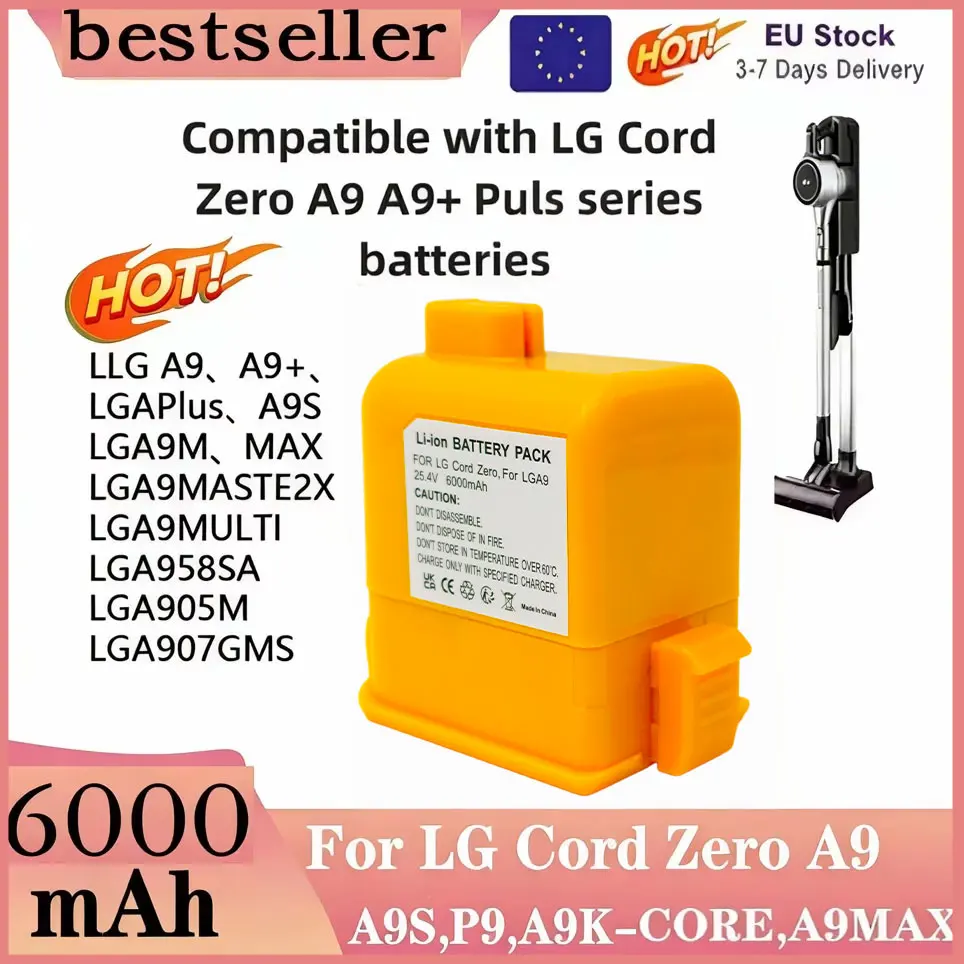 Nueva batería de repuesto para LG Cord Zero A9,A9S,P9,A9K-CORE,A9MAX,A9T-Ultra,A9K-PRO,A9N,A9M,A9 Plus 25.4V 6000mAh