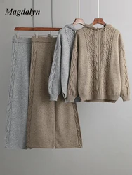 Magdalyn Women Knitted Sweater Set Warm Winter Autumn Ins Elastic Fashion Irregular Split Hoodies Tops Long Wide Leg Pants Suits