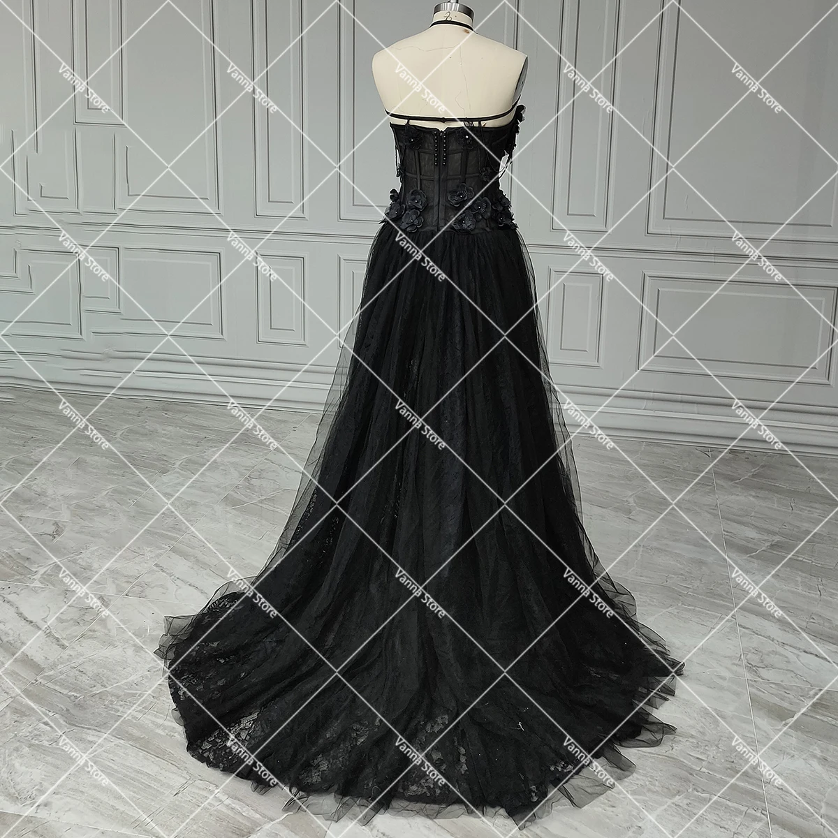 الديكور شرابات الرسن فستان الزفاف الأسود غريب الأطوار الحبيب لا بطانة منتفخ تول تنورة مخصصة زي العرائس القوطية