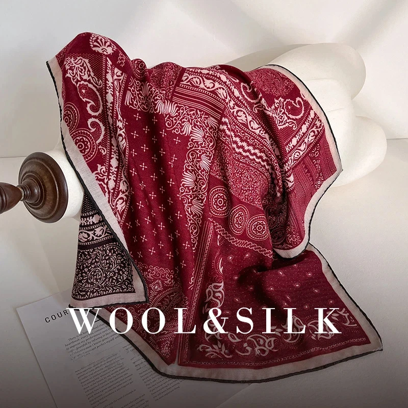 

2026 Ethnic Red Paisley Print Neck Scarf for Women Vintage 70% Wool 30% Silk Wool Square Scarf Woman Accessory