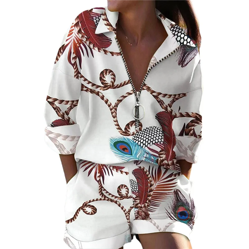 

A83F-Женские комплекты из двух предметов: рубашка с цветочным принтом и шорты на половину молнии, повседневная одежда для отпуска с карманами