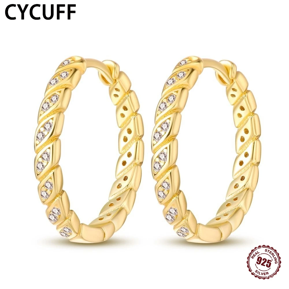 

CYCUFF New 925 Sterling Silver Golden Hoop Earrings Women's Circle Round Earrings Shining Zircon Fashion Wedding Jewelry Gifts