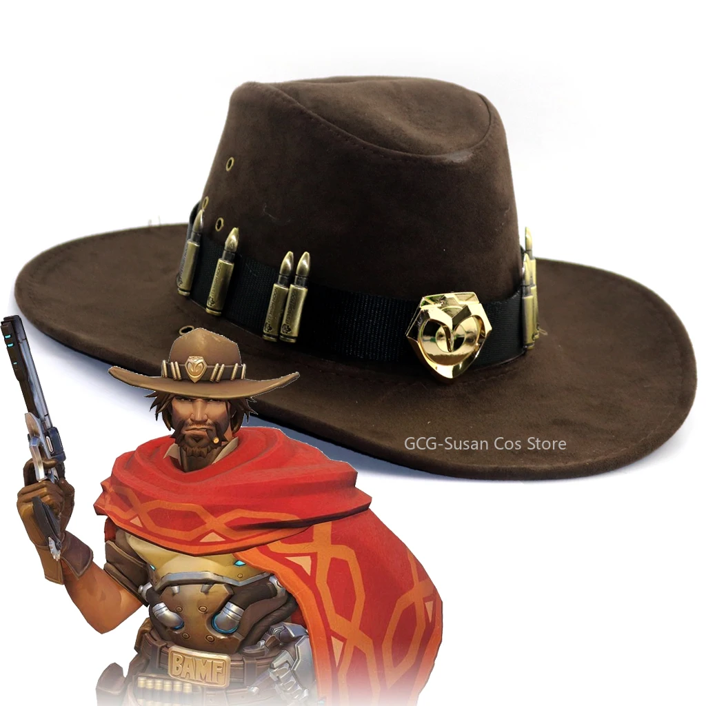 OW McCree Cole Cassidy  Replica Cowboy hat Overwatch Metal Badge Soft Polyester Fabric Adjustable Strap Cosplay Costume Prop