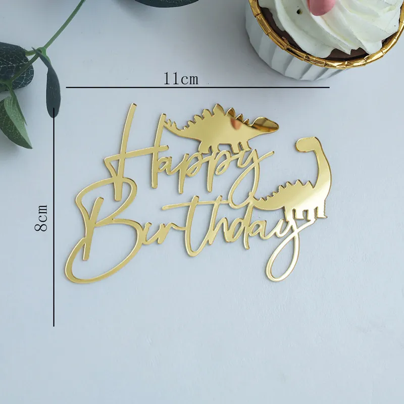 Cartoon Happy Birthday Cake Toppers Decoration Gold Dinosaur Acrylic Cake Flags for Kids Party Gift Cake Topper Baking Supplies
