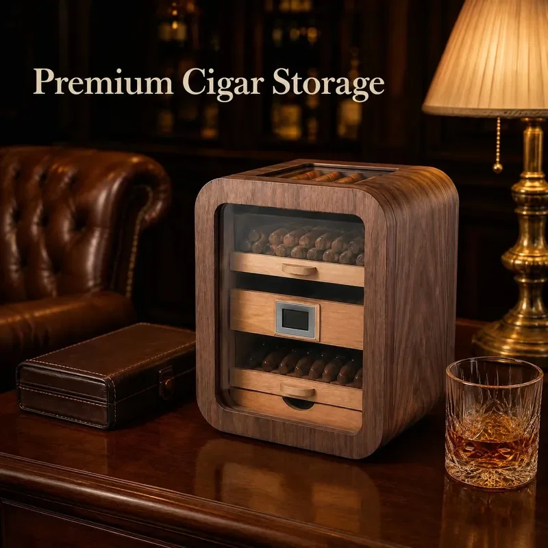 Three-Layer Spanish Fir and Black Walnut Humidor with Digital Hygrometer Observation Window Drawers Custom Logo for Cigar