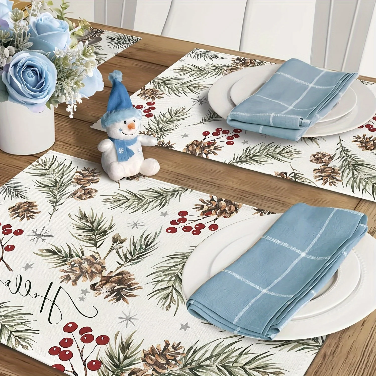 VIKAMA 4/6/8/10PCS Hello Winter Placemats Machine-Washable Linen Table Mats Christmas Dining Room Decor