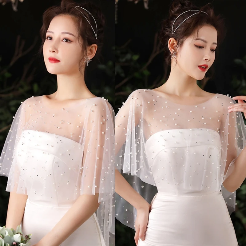 X7YC Women Sheer Tulle Pleated Wedding Shawl Pearl Beads White Capelet Vintage High Low Shrug Wrap Cover Up