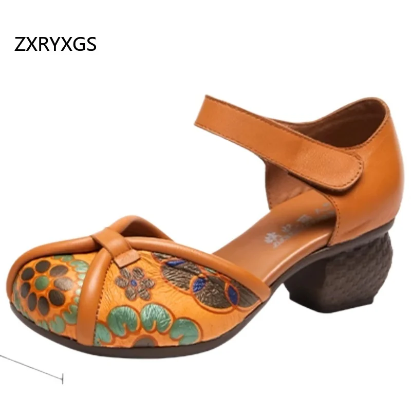 

ZXRYXGS женские модные сандалии первого слоя из воловьей кожи с принтом, лето 2023, сандалии на толстом среднем каблуке с круглым носком, элегантные банкетные сандалии