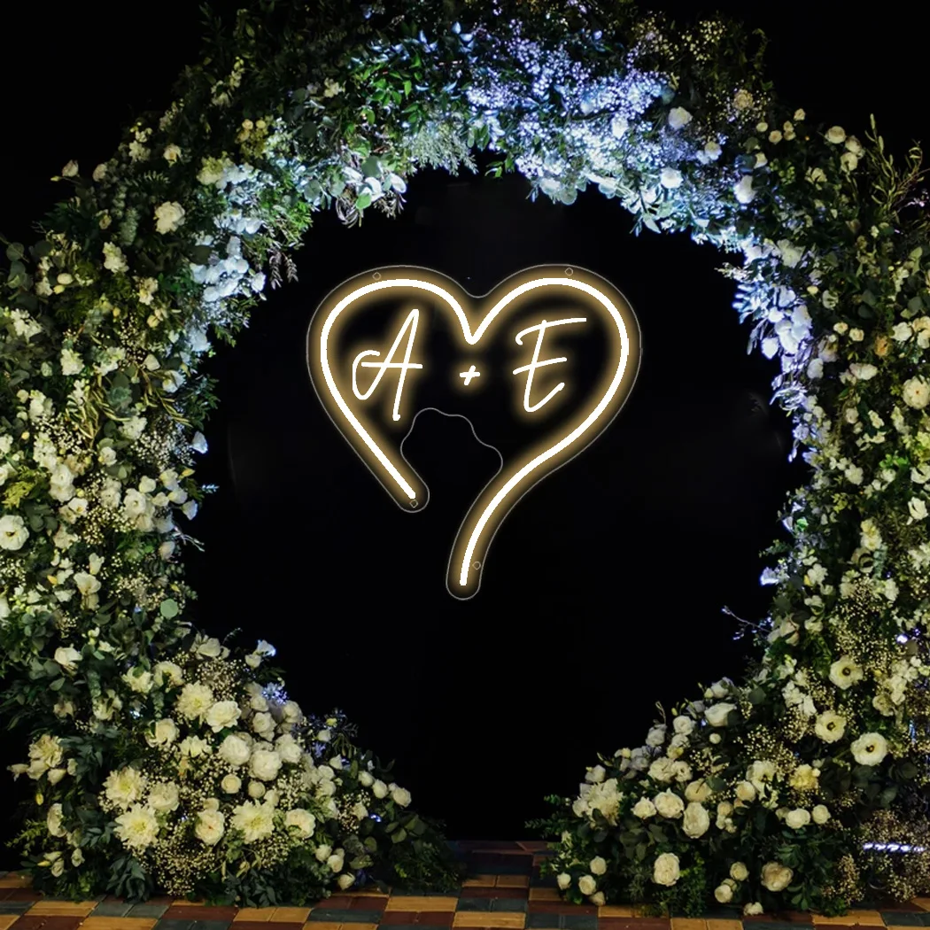 Enseigne au néon LED initiales personnalisées, initiales de mariage en forme de cœur, initiales de couple, décor de mariage au néon, nom personnalisé, lumière