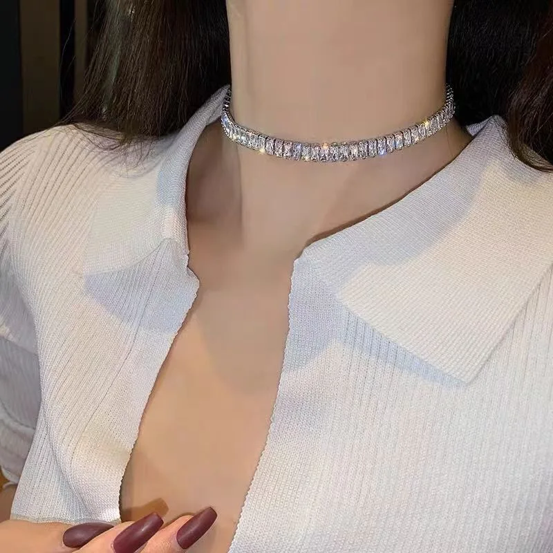 FEEHOW Iced Out Bling Princess Cut Square Cubic Zirconia Tennis Chain 3A CZ Paved Choker Necklace Women Wedding Jewelry