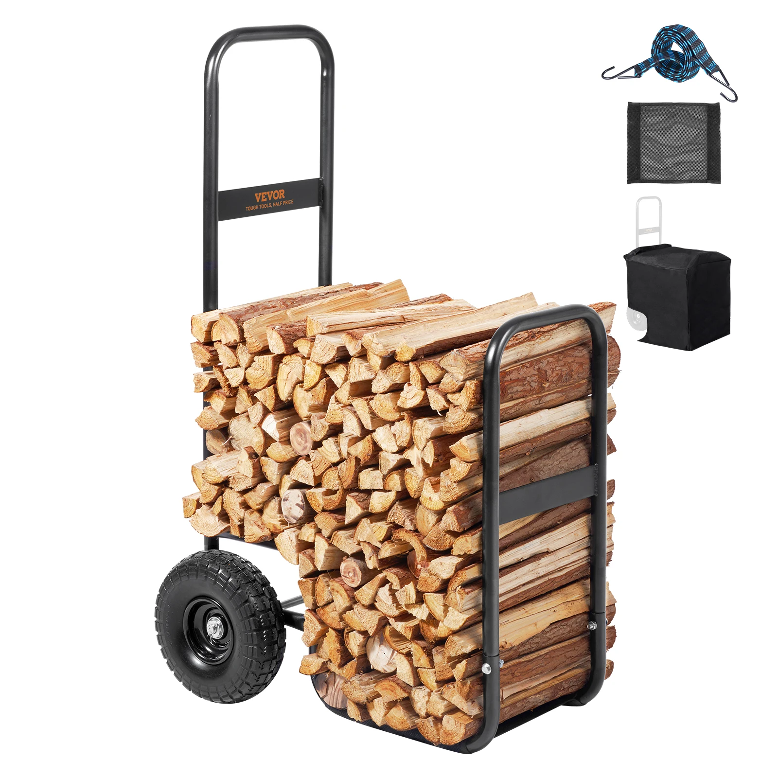 VEVOR Firewood Log Cart Outdoor and Indoor Wood Rack Storage Mover with Wheels Heavy Duty Steel for Fireplace Fire Pit Black