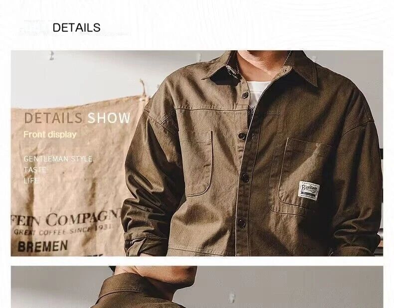 機能的な多ポケットウォッシュ加工＆ダメージ加工メンズワークウェアシャツ、スタイリッシュな香港スタイル、春秋ルーズでトレンディなシャツ