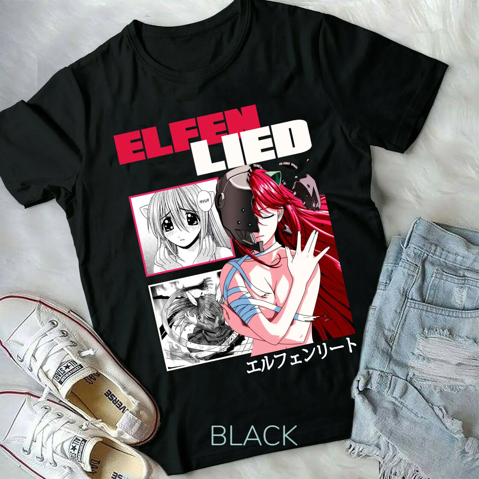 Elfen Lied T-shirt Lucy Nyu Kaede Anime Girl Manga T-shirt Graphic Tee Black