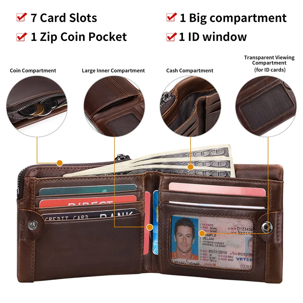 Men's Wallet RFID Anti-theft Brush Leather Short Wallet with Multiple Card Slots, Retro Zipper Wallet, 20% Discount Coin Purse