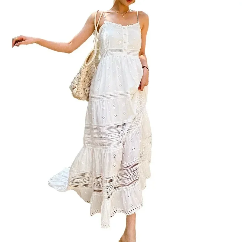 WildPinky Bohemian 100% Cotton White Beach Dress V Neck Spaghetti Strap Long Dress Sleeveless Summer Women Vacation Clothing