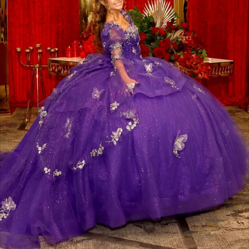 

Светло-фиолетовые блестящие платья Quinceanera с открытыми плечами, аппликация с бантом и бусинами, тюлевое платье для вечеринки, дня рождения, Sweet 16, Vestidos 15 Anos