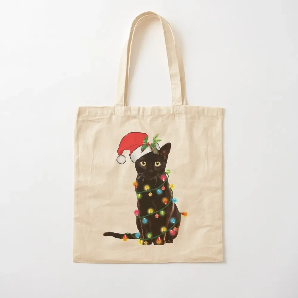 

Santa Black Cat Tangled Up In Christmas Tree Lights Holiday Tote Bag Shopper handbag canvas shopping bag