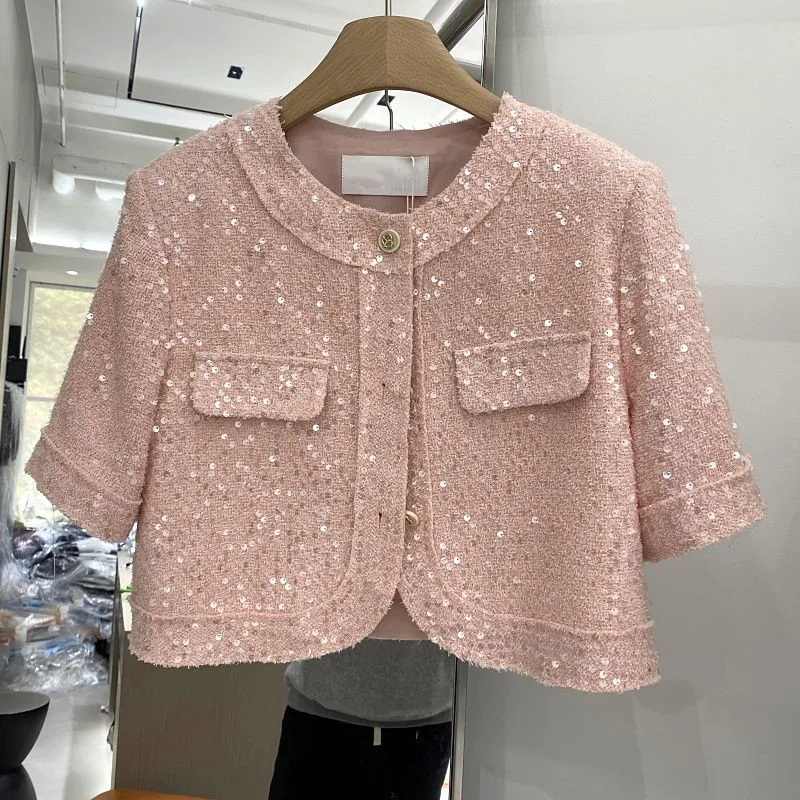 Summer High Quality Korean Tweed Paillette Short Sleeve Jacket Coat Women Korean Fashion Sequin Short Outerwear Top