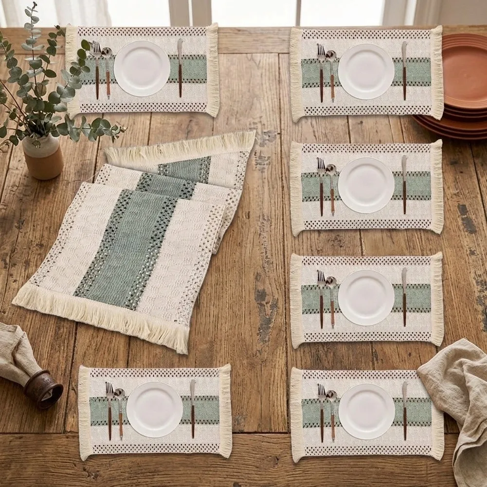 7 Pcs Woven Placemat Set With Table-Runner Striped Spliced Fabric Tassel Decor For Dining Room Kitchen Home-Textile Accessories