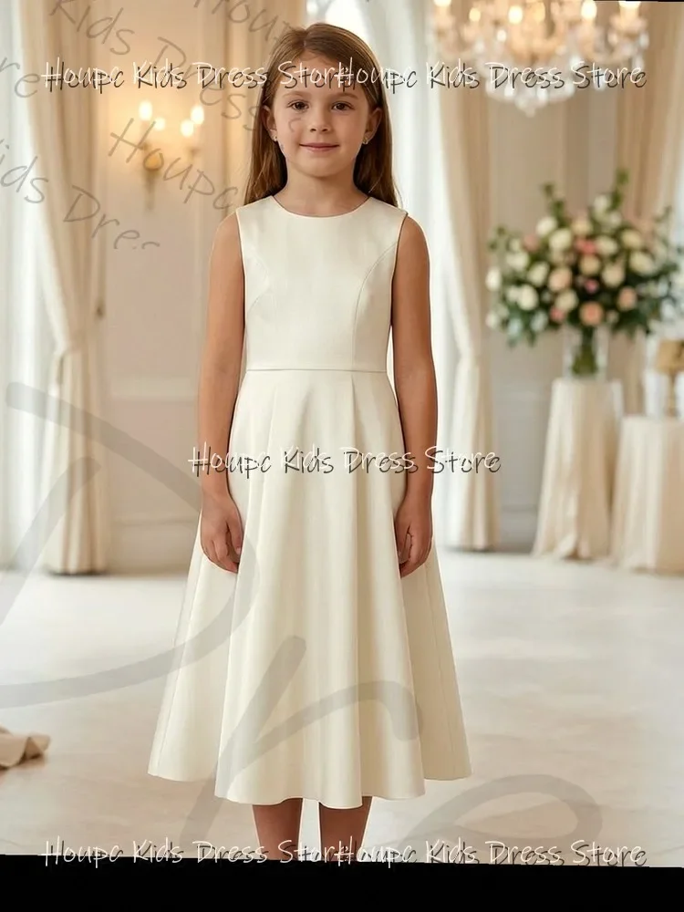 Custom Flower Girl Dresses Sleeveless Ivory Wedding Tulle A-Line Tea-Length  Birthday Party Evening Party Prom Dresses