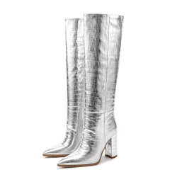 Luxury Silver Western High Boots for Women Winter Knee High Boot Block Heels Red Long Party Dance Shoes Female Large Size 45