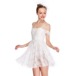 Lace Lyrical Dresses Contemporary Dance Costume with Drap Sleeves and Sweetheart Neck Leotard Attached Under Neath