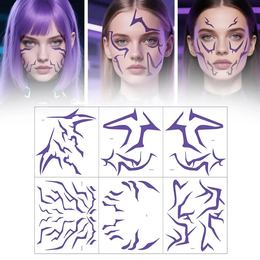 

6 Sheets Temporary Tattoos, Purple Lightning Bold Makeup for Cosplay Role Play, Waterproof Face Art Stickers