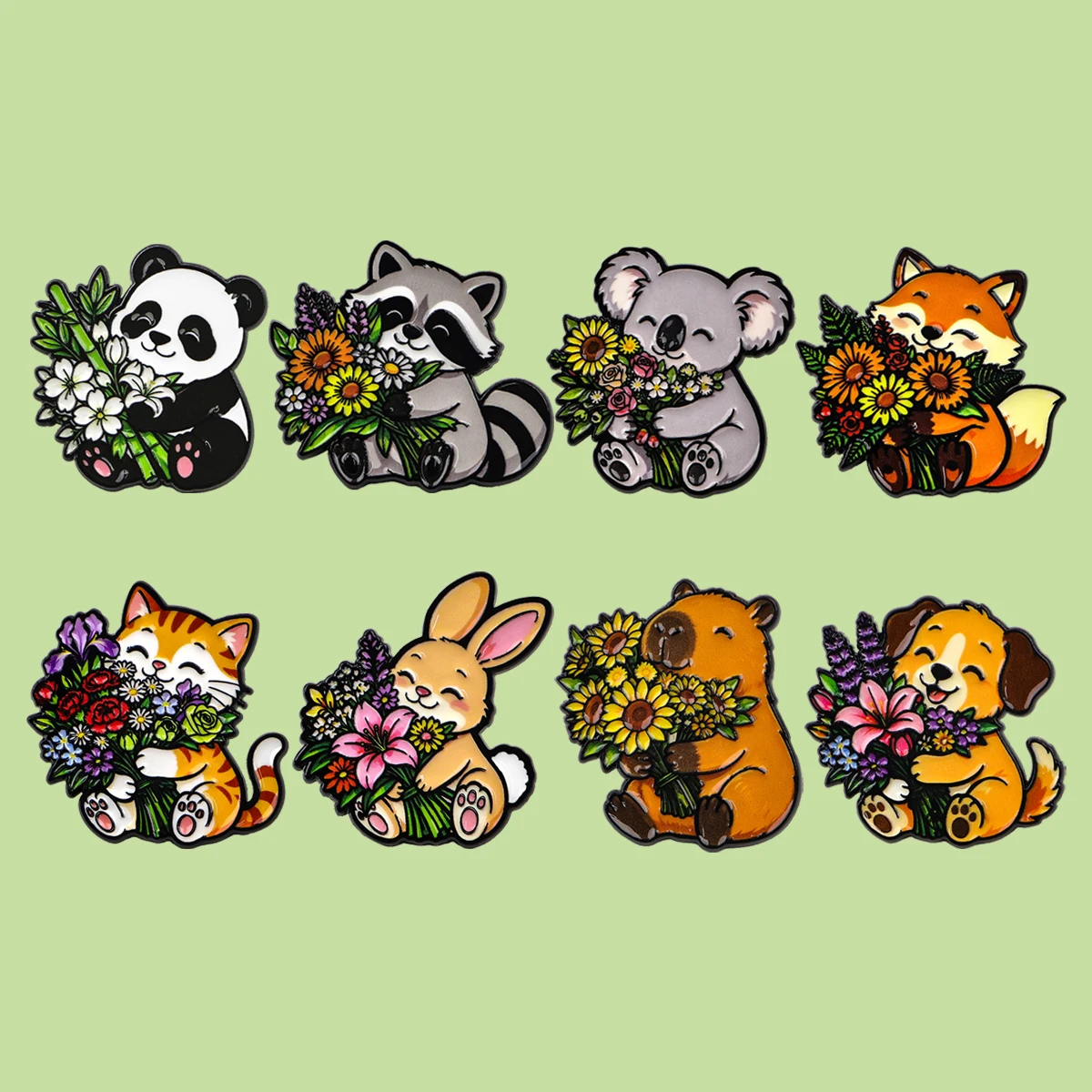 8-teiliges Set Niedliche Panda Kara Fuchs Emaille-Anstecknadeln Blumen-Tier-Broschen Reversnadeln Rucksack-Accessoires Dekorativer Schmuck Geschenk für Freunde