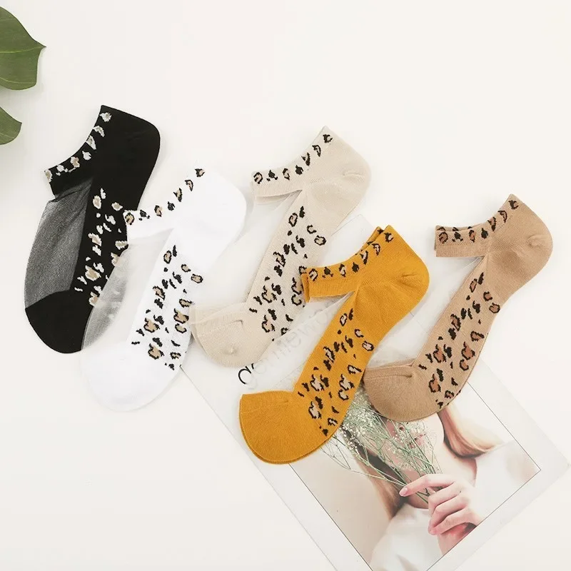 5 Pairs/Set Ultra-thin Sexy Leopard Glass Silk Breathable Short Women Socks Suit In Spring Summer