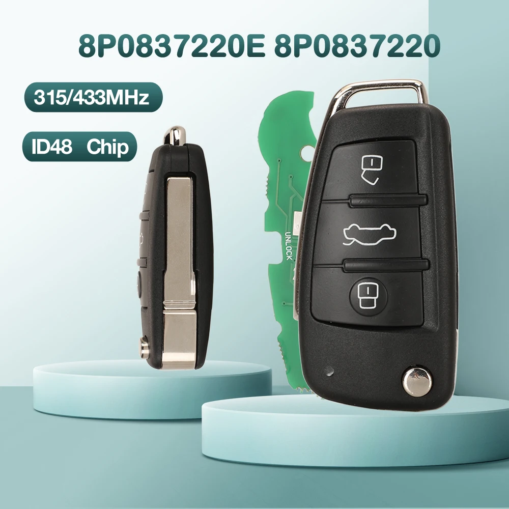 jingyuqin 8P0837220E 8P0837220G 315/433MHz ID48 Chip Pilot Samochodowy Kluczyk Zdalnego Sterowania Do Audi A3 S3 S4 TT A4 A6 A8 NBG009272T 2674A-009272T