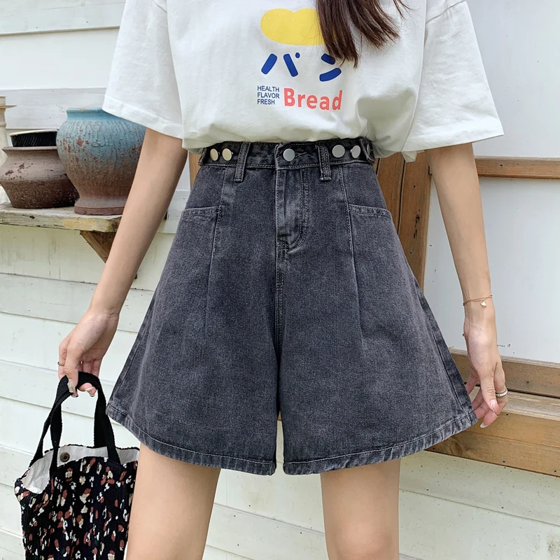 ارتفاع الخصر فضفاضة تناسب خمسة بوصة الدنيم orts المرأة حجم كبير الكورية Sle الخريف 2025 واسعة الساق منتصف طول السراويل