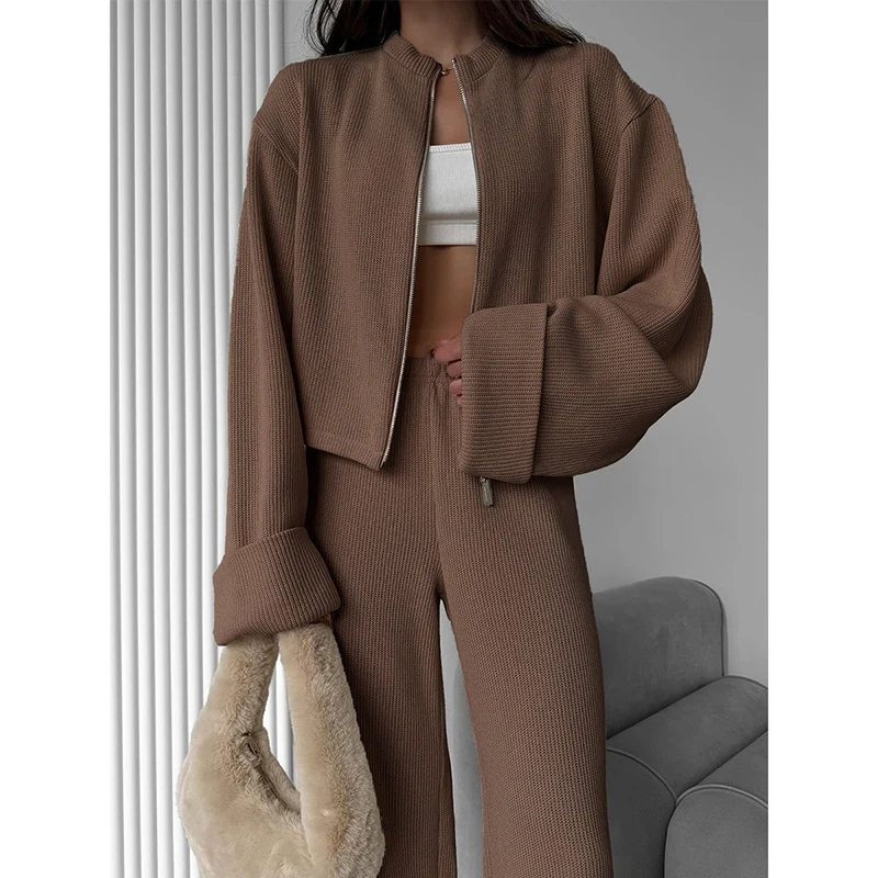 

Осень-зима 2024, новый женский вязаный топ, комплект, женский повседневный мешковатый пальто на молнии, прямые брюки с высокой талией для девочек