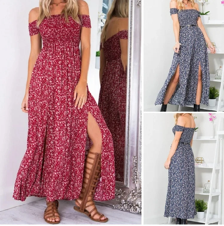 

Sexy Off Shoulder Beach Long Dresss Women 2025 Summer Short Sleeve Floral Forked Boho Holiday Woman Dresses Robe Femme