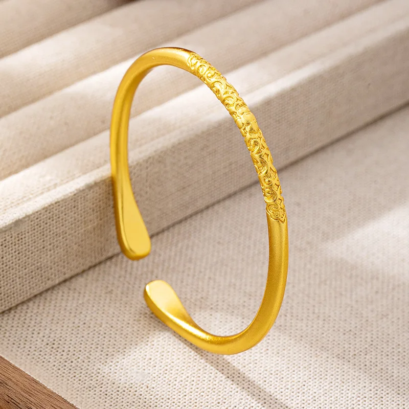 Scroll Grass Pattern Open Bangle Women's 24K Gold AU999 - Pure gold scroll grass bangle, delicate texture, stunning for dating