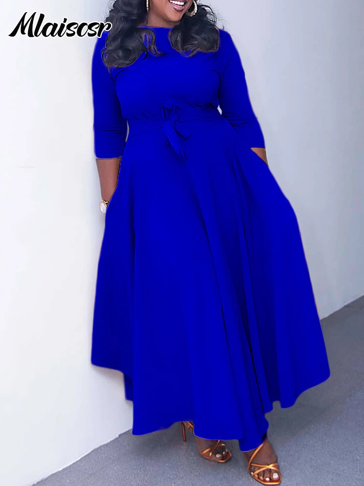 Mlaiscsr Elegant Evening Party Dresses Women O Neck Full Sleeve Sashes Pleated Fashion Office Female Birthday Dinner Vestidos