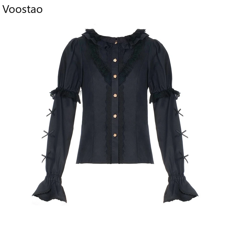 日本のビクトリア朝のヴィンテージロリータシャツ女性甘いかわいいレースリボン長袖ブラウストップス女の子ゴシック Y2k フリルブラウス