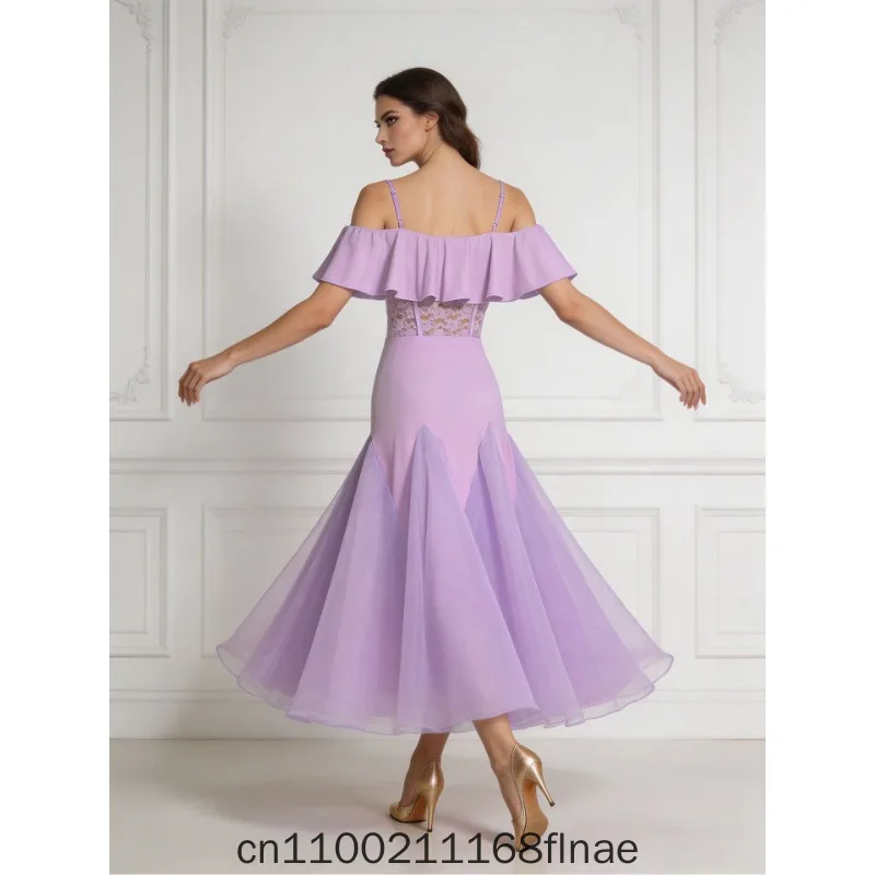 Modern Dance Dress National Standard Dance New Style Strap Lace Yarn Waltz Practice Social Dance Dress for Women